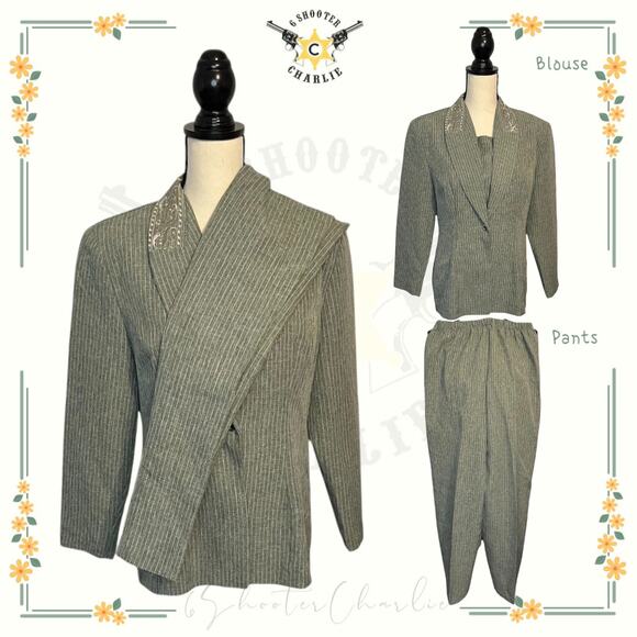 Vintage I.S.B. Inc Women's Grey Pinstripe Pantsuit Embroidered Size 12P - Picture 1 of 9